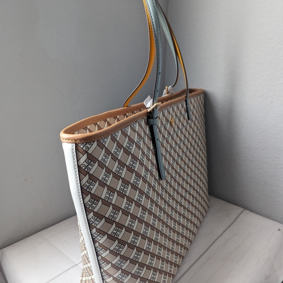 NWT Tory Burch Geo Logo Color-Block Top Zip Allover Large Tote in Hazelnut - Picture 5 of 5